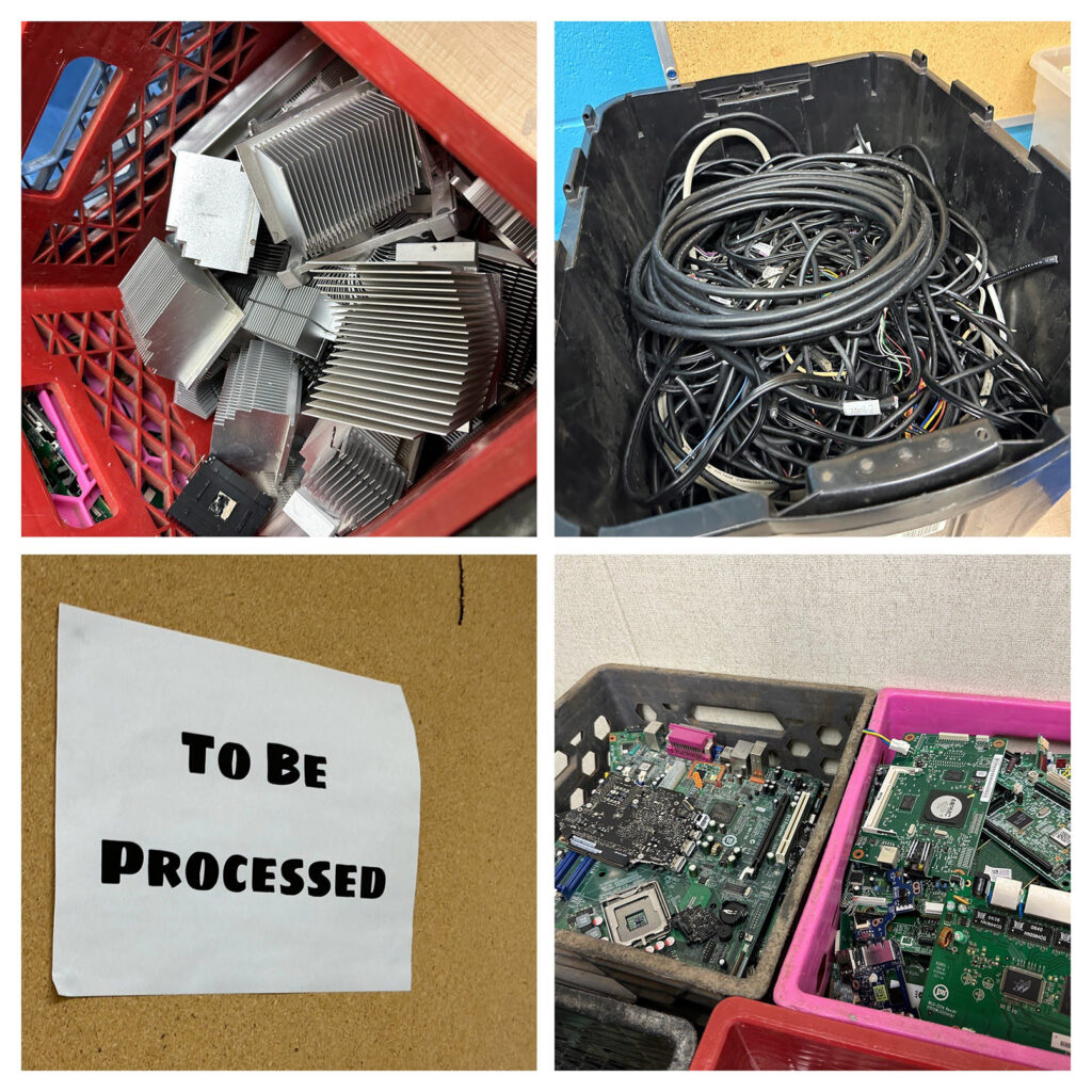 a collage of 4 images demonstrating the various parts of the broken down pieces to be processed for recycling